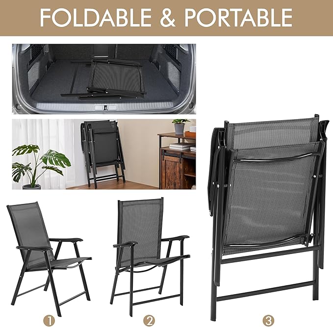 Yaheetech Patio Dining Chairs Set of 4 with Armrests, Outdoor Folding Chairs with Metal Frame and Backrest for Lawn, Garden, Yard and Poolside, Black - Image 4