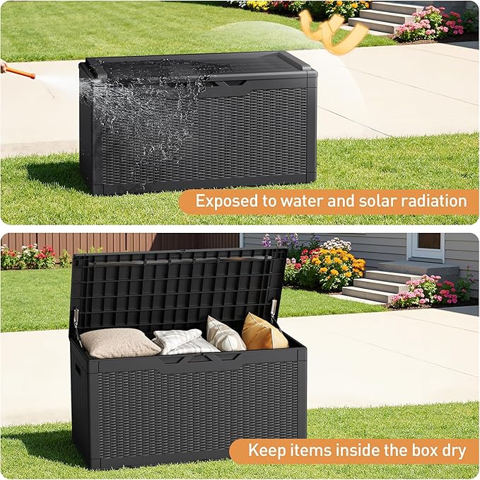 Greesum 100 Gallon Resin Deck Box Large Outdoor Storage Boxes with Cushions for Garden Tools, Patio Furniture Pillows, Pool Supplies, Black - Image 4