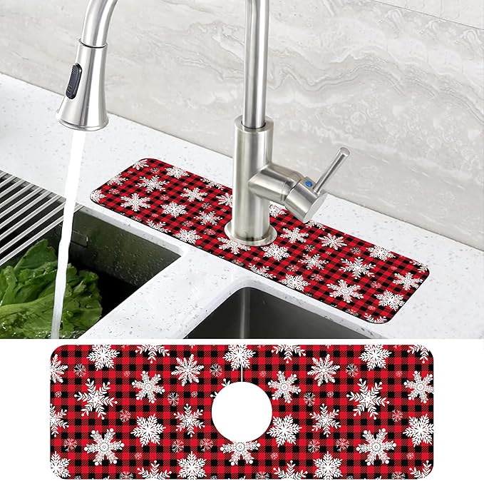 Christmas Snowflake Kitchen Sink Splash Guard Mat Buffalo Plaid Absorbent Fast - Image 4