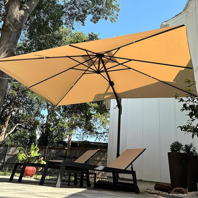 PURPLE LEAF 8.2' X 11.5' Tilting Patio Umbrella with Base Outdoor Cantilever Swivel Rectangle Umbrella Aluminum Offset Umbrella with 360-degree Rotation for Garden Deck Pool Patio Beige - Image 2