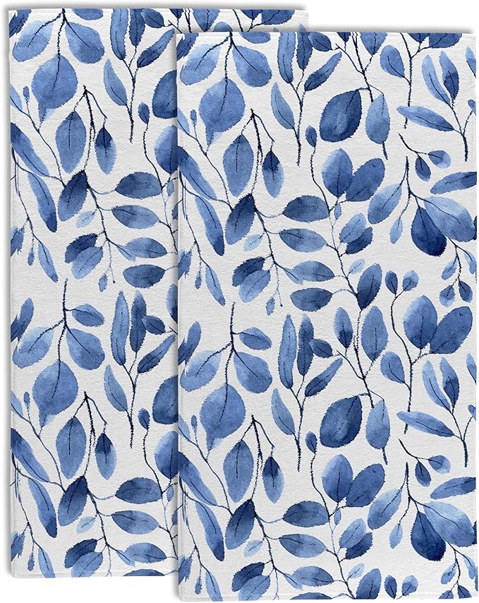 Blue Eucalyptus Leaves Bathroom Hand Towel Set of 2, Watercolor Botanical Plant by Gnhkmw