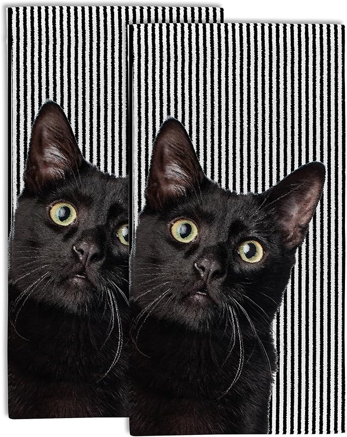 Cute Black Cat Hand Towel for Bathroom Set of 2, Cat on Black White Stripes by Gnhkmw