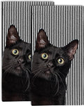 Cute Black Cat Hand Towel for Bathroom Set of 2, Cat on Black White Stripes by Gnhkmw