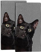 Cute Black Cat Hand Towel for Bathroom Set of 2, Cat on Black White Stripes by Gnhkmw