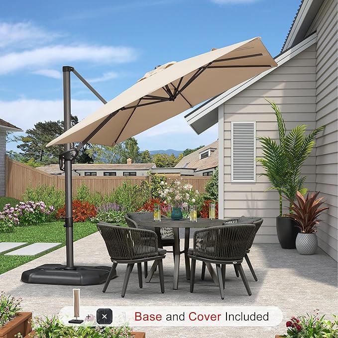 PURPLE LEAF 8'×8' Patio Cantilever Umbrella with Base Included Offset Outdoor Umbrella with cover Square umbrella outdoor patios for Backyard Pool Garden Beige - Image 2