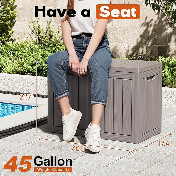 Outdoor Storage Box, Resin Deck Boxes Indoor and outdoor, Waterproof Storage Box Lockable Lid (Grey, 45 Gallon) - Image 2
