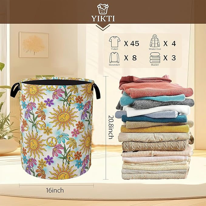 Collapsible Laundry Basket, Vintage Peace Symbol Dirty Clothes Hamper, Hippie - Image 2