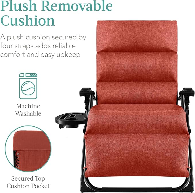 Best Choice Products Oversized Zero Gravity Chair, Folding Outdoor Patio Recliner, XL Anti Gravity Lounger w/Removable Cushion, Cup Holder, Side Tray, 350lb Capacity - Burnt Orange - Image 3