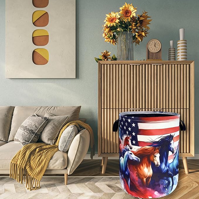American Flag Horse Laundry Basket Patriotic Foldable Funny Laundry Hamper - Image 7