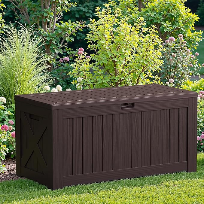 JUMMICO 120 Gallon Resin Deck Box, Large Outdoor Storage Box Waterproof & Lockable for Garden, Patio, Pools (Deep Brown) - Image 5
