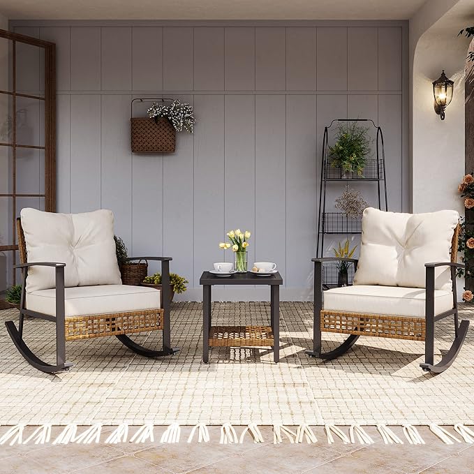 LAUSAINT HOME 3-Piece Rocking Bistro Set, Outdoor Patio Furniture with Thick Cushions and 2-Tier Coffee Table, Oversize Rattan Conversation Set for Garden, Balcony, Backyard (Beige) by LAUSAINTHOME