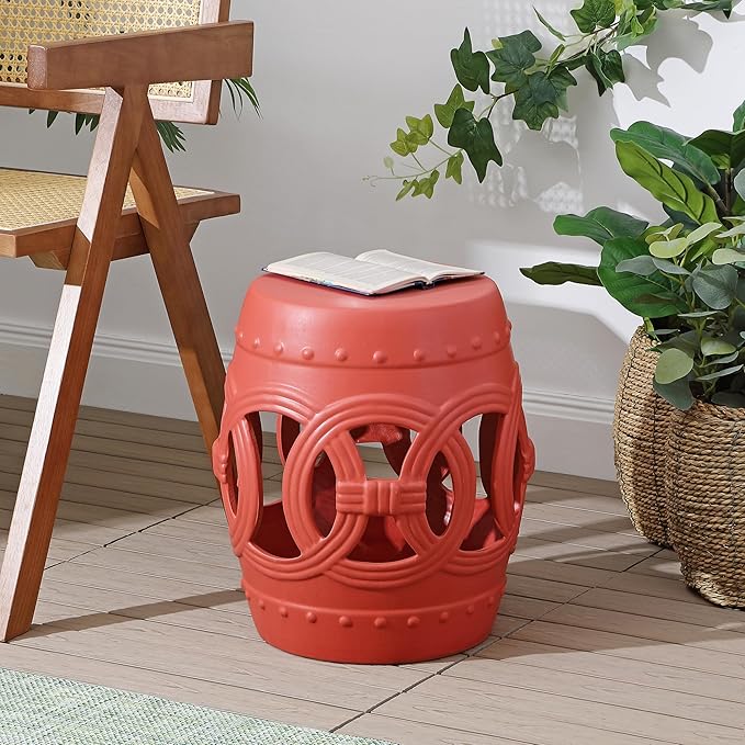 JONATHAN Y TBL1022G Lucky Coins 16" Chinese Ceramic Drum Indoor/Outdoor Garden Stool Bohemian, Coastal, Cottage, French Country, Traditional, for Living Room, Garden Room, Patio, Matte Coral - Image 2