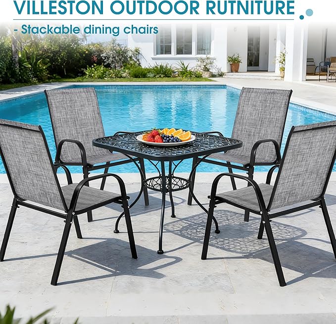 Outdoor Stackable Chairs Set of 4, Stacking Patio Chairs with Textilene Fabric, Outside Furniture for Garden Backyard Balconie Poolside Deck, Grey - Image 7