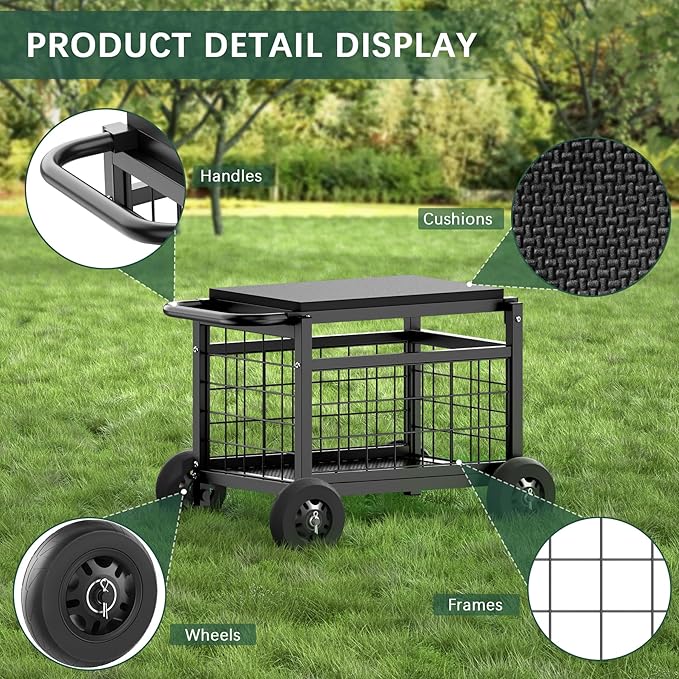FLINTER Rolling Garden Work Seat with Wheels, Heavy Duty Garden Cart with Seat - Metal Rolling Garden Stool, Upgraded Gardening Cart for Seniors, Outdoor Wagon for Lawn, Patio Gardening, Black - Image 5