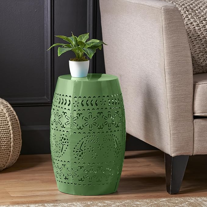 Christopher Knight Home Zoey Small Outdoor Side Table, Lace Cut Iron End Table, Metal Outdoor Stool, Hollow Drum Round Side Table, Decorative Garden Stool with Cutout Design for Patio Balcony, Green - Image 4