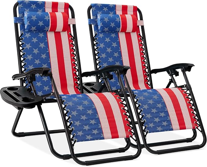 Best Choice Products Set of 2 Adjustable Steel Mesh Zero Gravity Lounge Chair Recliners w/Pillows and Cup Holder Trays - American Flag by BestChoiceProducts