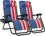 Best Choice Products Set of 2 Adjustable Steel Mesh Zero Gravity Lounge Chair Recliners w/Pillows and Cup Holder Trays - American Flag by BestChoiceProducts