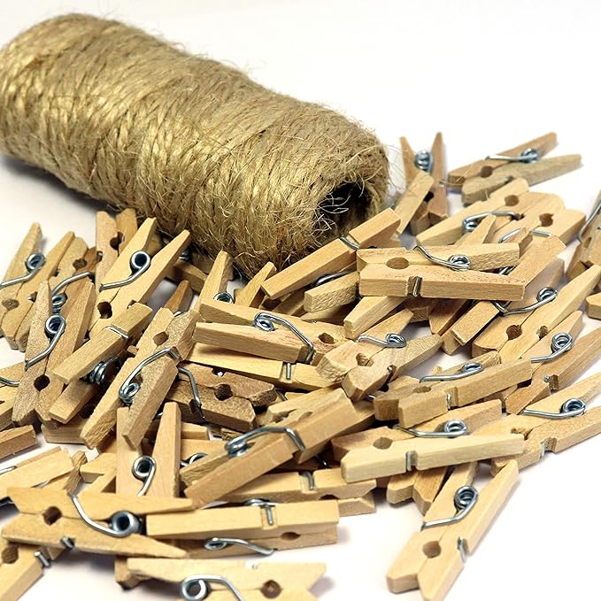 Mini Wooden Clothespins With Jute Twine, 1 Inch Photo Paper Peg Pin Craft Clips - Image 4