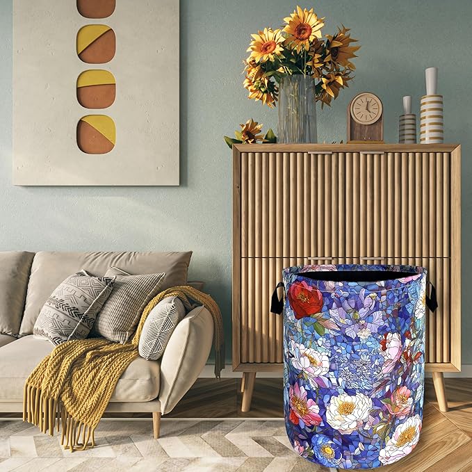 Blue Flowers Laundry Basket Glass Colorful Floral Foldable Funny Laundry Hamper - Image 7