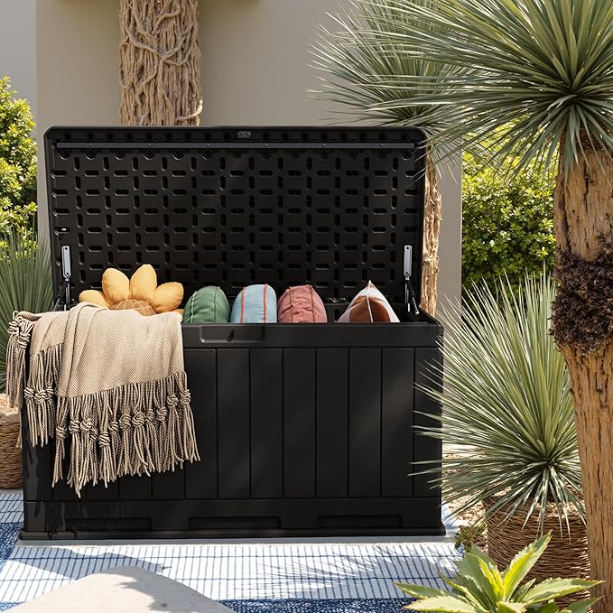 JUMMICO 90 Gallon Waterproof Resin Deck Box, Double Wall Outdoor Storage Box with Lockable Lid for Garden Tools, Patio Cushions, Pools (Black) - Image 5