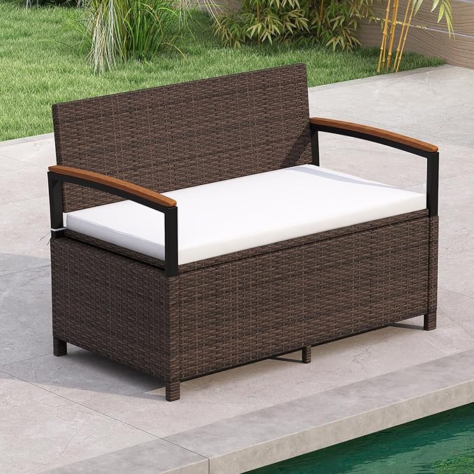 RELAX4LIFE Wicker Outdoor Storage Bench - Rattan Deck Box w/Protective Liner for Patio Furniture Pillows, Pool Supplies & Garden Tools, Porch Loveseat with Seat Cushion, Acacia Wood Armrests by RELAX4LIFE