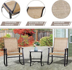 Vongrasig 3 Piece Outdoor Rocking Bistro Set, Textilene Fabric Small Patio Furniture Set, Front Porch Rocker Chairs Conversation Set with Glass Table for Lawn, Garden, Balcony, Poolside (Brown) - Image 4