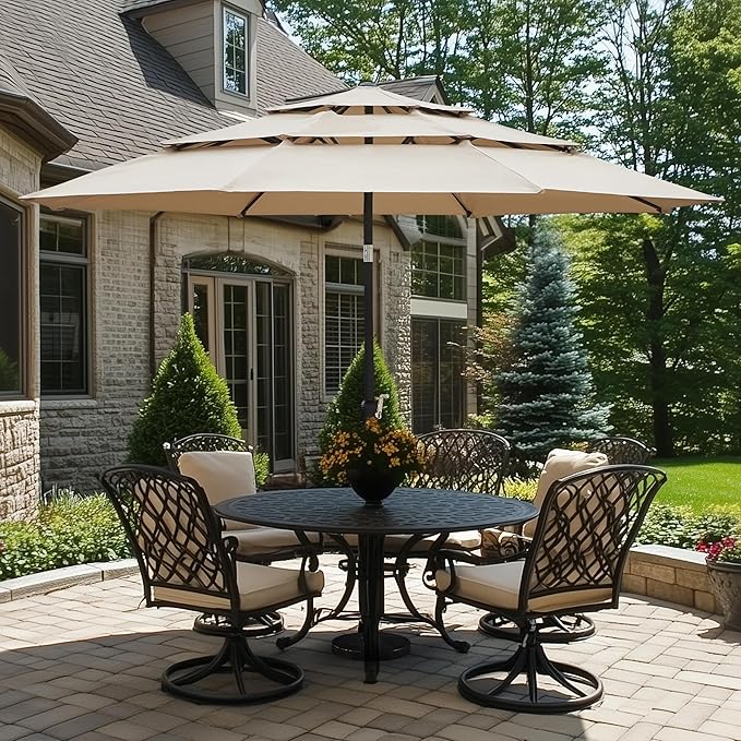 Yaheetech 3-Tier Patio Umbrella 10ft Vented Outdoor Canopy Sun Shade Large Market Table Umbrella Double-layer Cloth & Push-button Tilting for Yard/Garden/Park Tan - Image 2