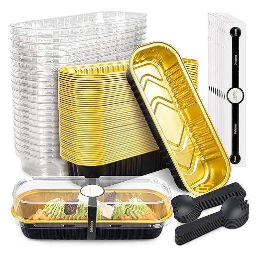 50 Pack Mini Cake Pans with Lids and Spoons Black Gold Rectangular Aluminum by NPLUX