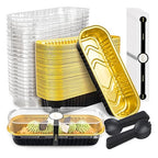 50 Pack Mini Cake Pans with Lids and Spoons Black Gold Rectangular Aluminum by NPLUX