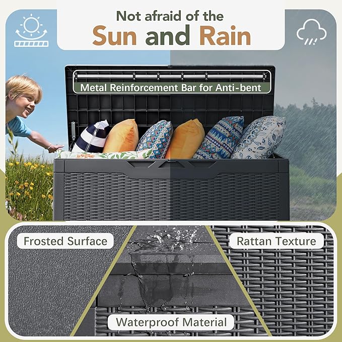 Flamaker Deck Box with Cushion 100 Gallon Waterproof Resin Storage Box with Air Rod Indoor Outdoor Lockable Storage Bench for Patio Furniture, Tools, Pool Accessories (Gray) - Image 3