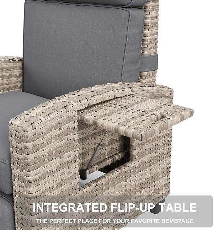 Towallmark Adjustable Rattan Recliner Chair, Patio Lounge Chairs with Cushion, Outdoor Porch Chaise with Flip Up Side Table & Footrest for Porch, Outside Balcony, Deck - Image 8