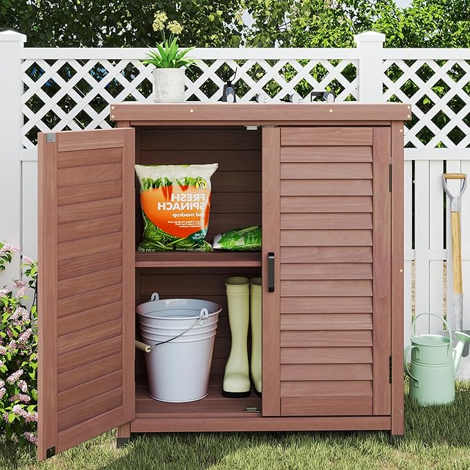 Outdoor Storage Cabinet & Potting Bench Table with Metal Top, Wooden Patio Furniture, Garden Workstation (Dark Brown, 36x31x17in) - Image 2