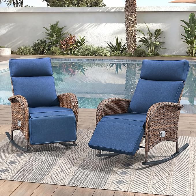 Zero Gravity Patio Rocking Wicker Recliner Chairs Set of 2- Wicker Outdoor Lounge Chair with Adjustable Backrest & Footrest, All Weather Reclining Rocker Chairs with Thick Cushion for Pool Deck Blue by JelwalyPatioFurnitureSet