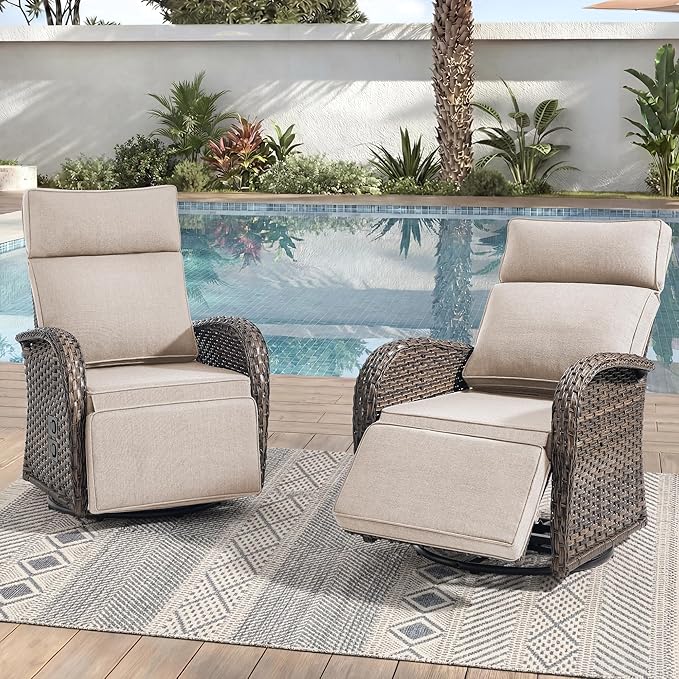 Zero Gravity Patio Swivel Rocking Recliner Chairs Set of 2 - Wicker Outdoor Lounge Chair with Adjustable Backrest & Footrest, All Weather Reclining Rocker Chairs with Thick Cushion for Pool Deck Beige by JelwalyPatioFurnitureSet