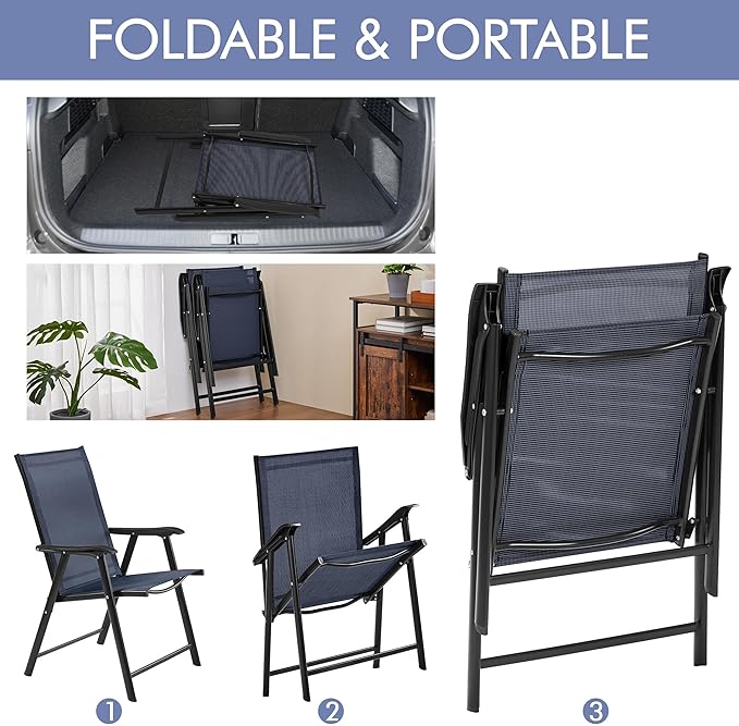 Yaheetech Patio Dining Chairs Set of 2, Portable Dining Chairs with Armrests for Camping, Lawn and Beach, Folding Patio Chairs 2-Pack of Metal Frame, Navy Blue - Image 4