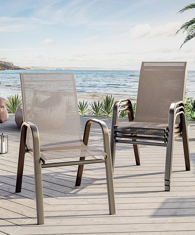 Outdoor Stackable Dining Chairs Set of 4, High-Back Patio Stacking Chairs, Patio Chairs with Textilene Farbic & Metal Frame for Lawn Backyard Deck Garden,Brown by Unknown