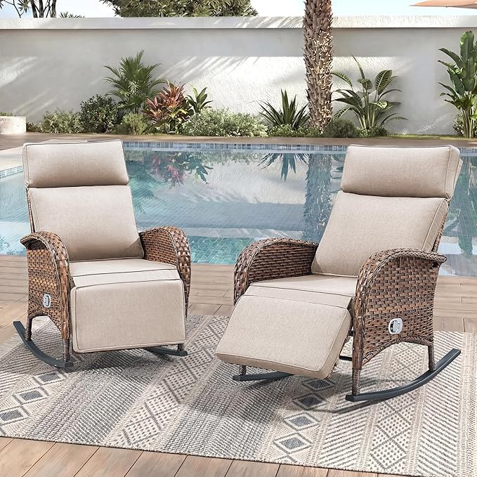Zero Gravity Patio Rocking Wicker Recliner Chairs Set of 2- Wicker Outdoor Lounge Chair with Adjustable Backrest & Footrest, All Weather Reclining Rocker Chairs with Thick Cushion for Pool Deck Beige by JelwalyPatioFurnitureSet