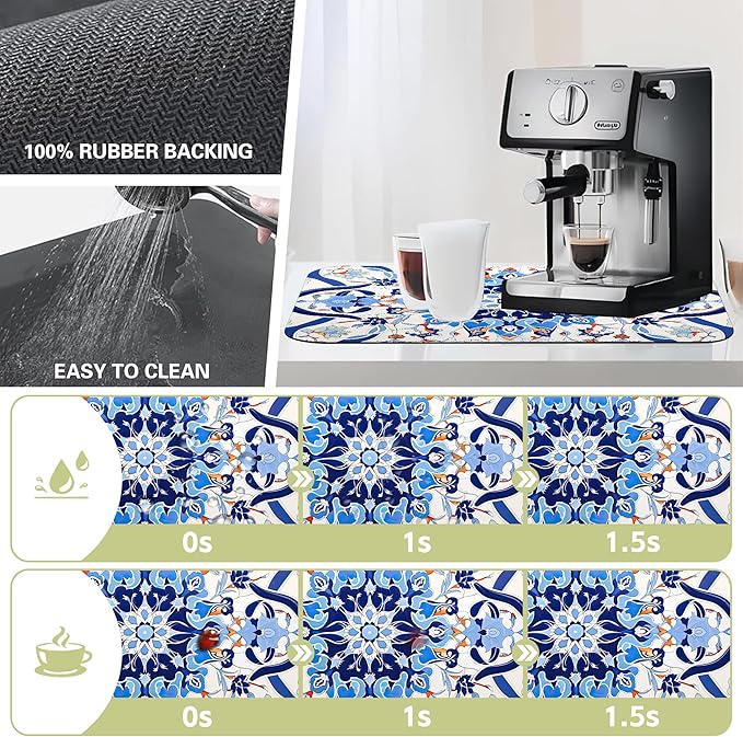 Dish Drying Mat Mandala Blue Floral Kitchen Mat 12"x19" Bsorbent Coffee Maker - Image 3