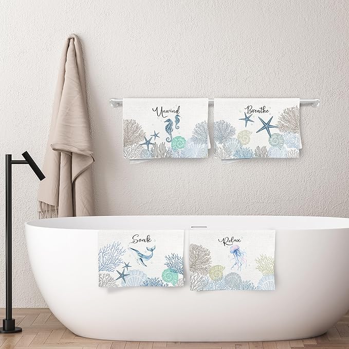 Coastal Hand Towels for Bathroom Set of 4, Relax Breathe Soak Unwind Decorative - Image 6