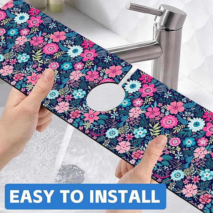 Modern Blue and Pink Floral Sink Faucet Absorbing Mat Sink Splash Guard Faucet - Image 6