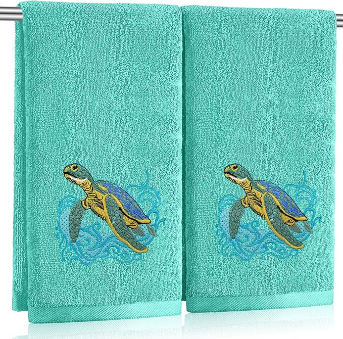 2 Pcs Sea Turtle Hand Towels Teal Bathroom Decor 14x29 Inch Embroidered 100% by SmoothNovelty