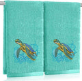 2 Pcs Sea Turtle Hand Towels Teal Bathroom Decor 14x29 Inch Embroidered 100% by SmoothNovelty