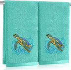 2 Pcs Sea Turtle Hand Towels Teal Bathroom Decor 14x29 Inch Embroidered 100% by SmoothNovelty