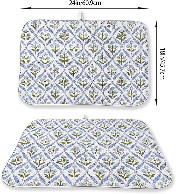 Blue Sage Green Block Print Dish Drying Mats 18x24 Inch Blue Green Vintage - Image 2