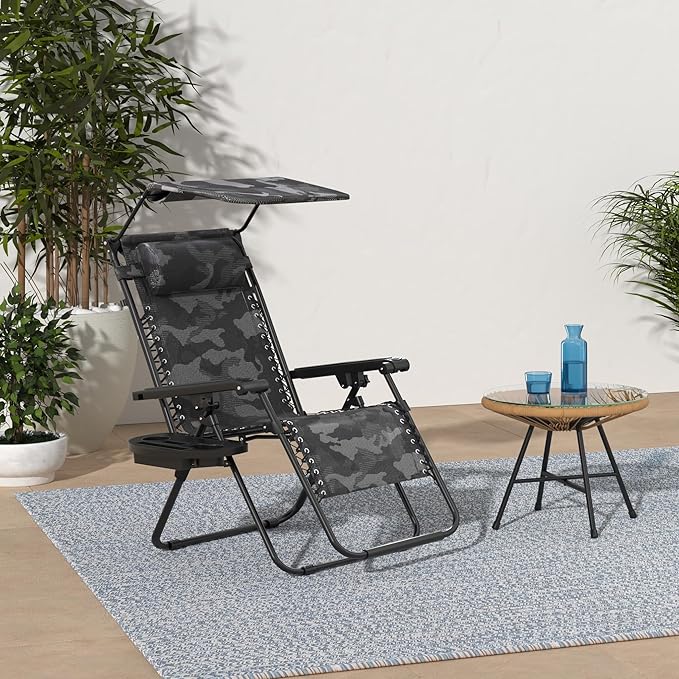 Best Choice Products Folding Zero Gravity Outdoor Recliner Patio Lounge Chair w/Adjustable Canopy Shade, Headrest, Side Accessory Tray, Textilene Mesh - Camouflage - Image 2