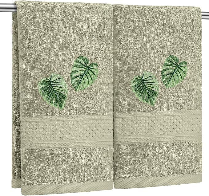 2 Pcs Tropical Palm Leaves Hand Towels Gray Green Bathroom Decor 14x29 Inch by SmoothNovelty