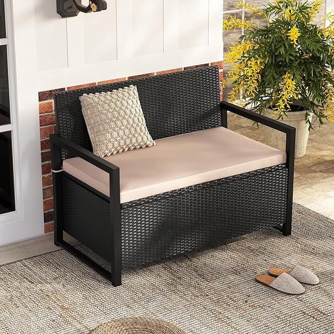 RELAX4LIFE Wicker Outdoor Bench with Storage - Rattan Deck Box w/Protective Liner for Pillows, Pool Supplies, Garden Tools, Patio Loveseat with Seat Cushion & Metal Armrests for Backyard Porch Balcony - Image 9