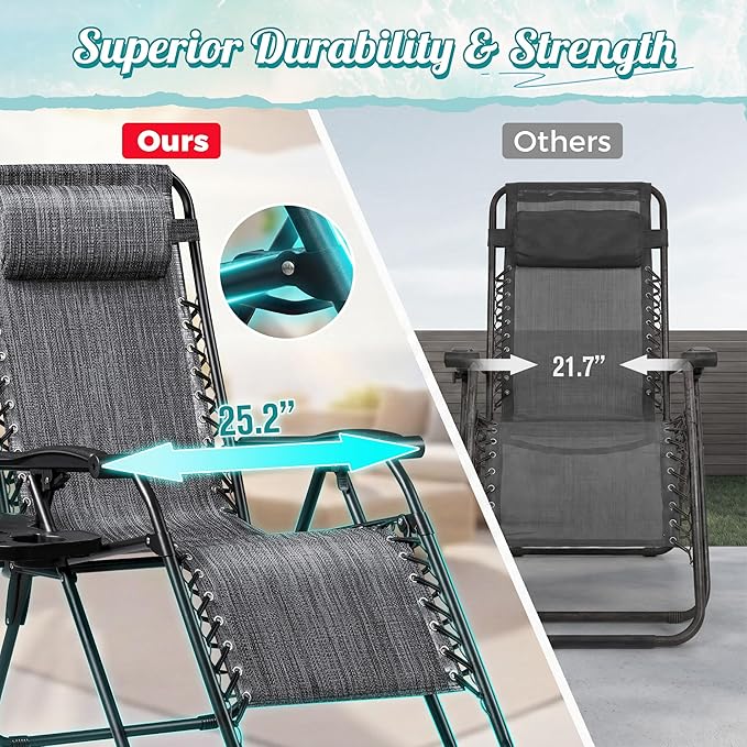 Homall Zero Gravity Chair - Adjustable Folding Lawn Chairs - Outdoor Gravity Reclining Lounge Chair with Pillows - Set of 2 (Double-Gray) - Image 4