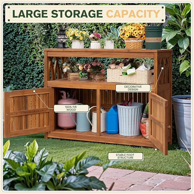 Greesum 2-Tier Outdoor Storage Cabinet in Acacia Wood, with 2 Magnetic Doors, for Garden, Picnic, Buffet, TV Stand, or Bar Table, Brown - Image 6