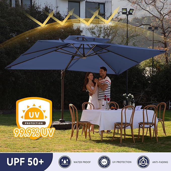 10 X 13 FT Cantilever Outdoor Patio Umbrella with Base Included Large Heavy Duty 360° Rotation Double Top Offset Rectangular Umbrellas with Led Lights for Backyard Outside Deck, NAVY - Image 5